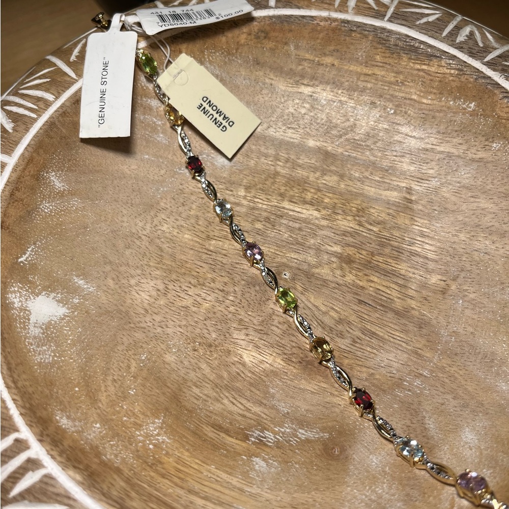 NWT Multi Genuine Gemstone & Diamond 18KT Gold Over Sterling Silver Bracelet